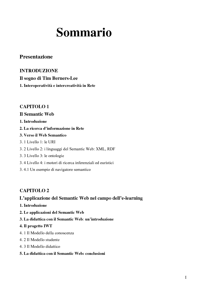 Indice della tesi: Interoperatività e intercreatività in rete: dall'uso della semantica alla costruzione di conoscenza condivisa, Pagina 1
