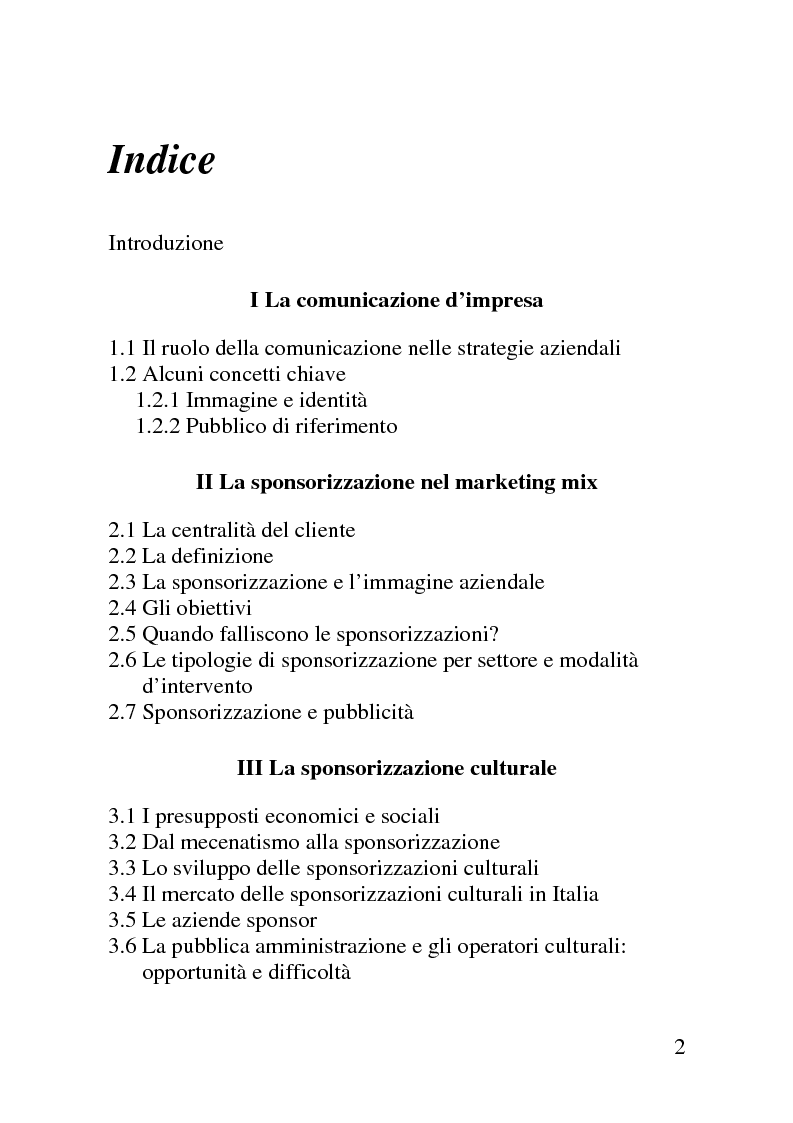 Indice della tesi: Il mercato delle sponsorizzazioni culturali in Italia, i casi Corriere della Sera e Vodafone, Pagina 1