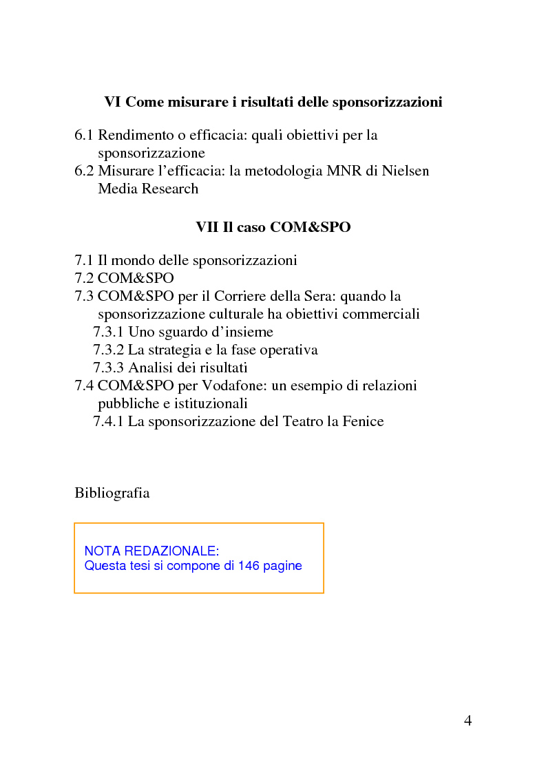 Indice della tesi: Il mercato delle sponsorizzazioni culturali in Italia, i casi Corriere della Sera e Vodafone, Pagina 3