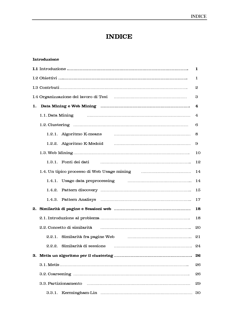 Indice della tesi: Clustering di transazioni web sulla base della similarità degli accessi, Pagina 1
