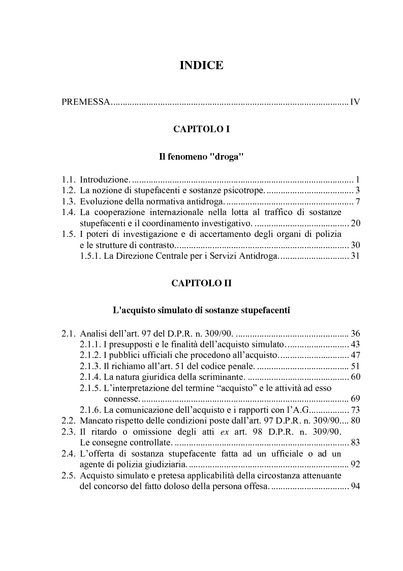 Indice della tesi: L'acquisto simulato di droga. Il ruolo dell'infiltrato., Pagina 1