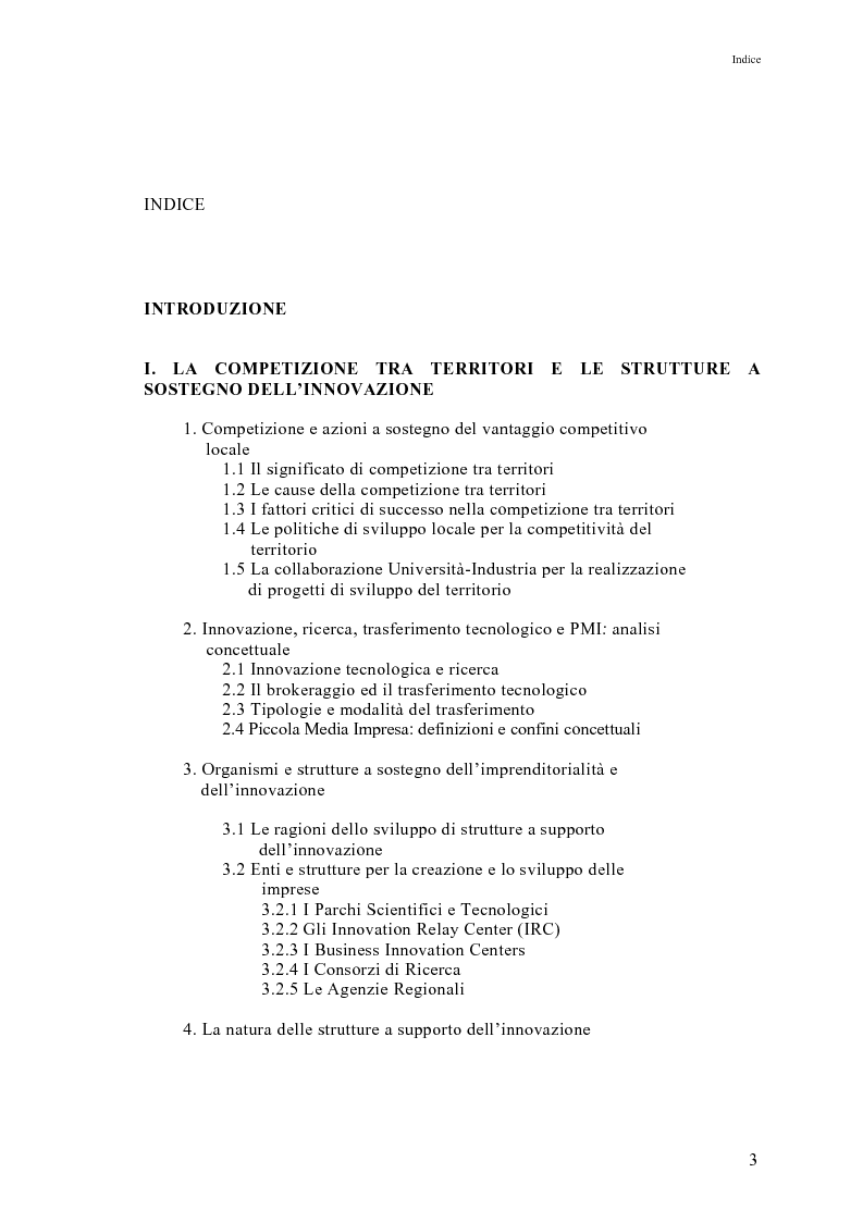 Indice della tesi: Il ruolo delle società di brokeraggio tecnologico nei processi d'innovazione delle PMI, Pagina 1