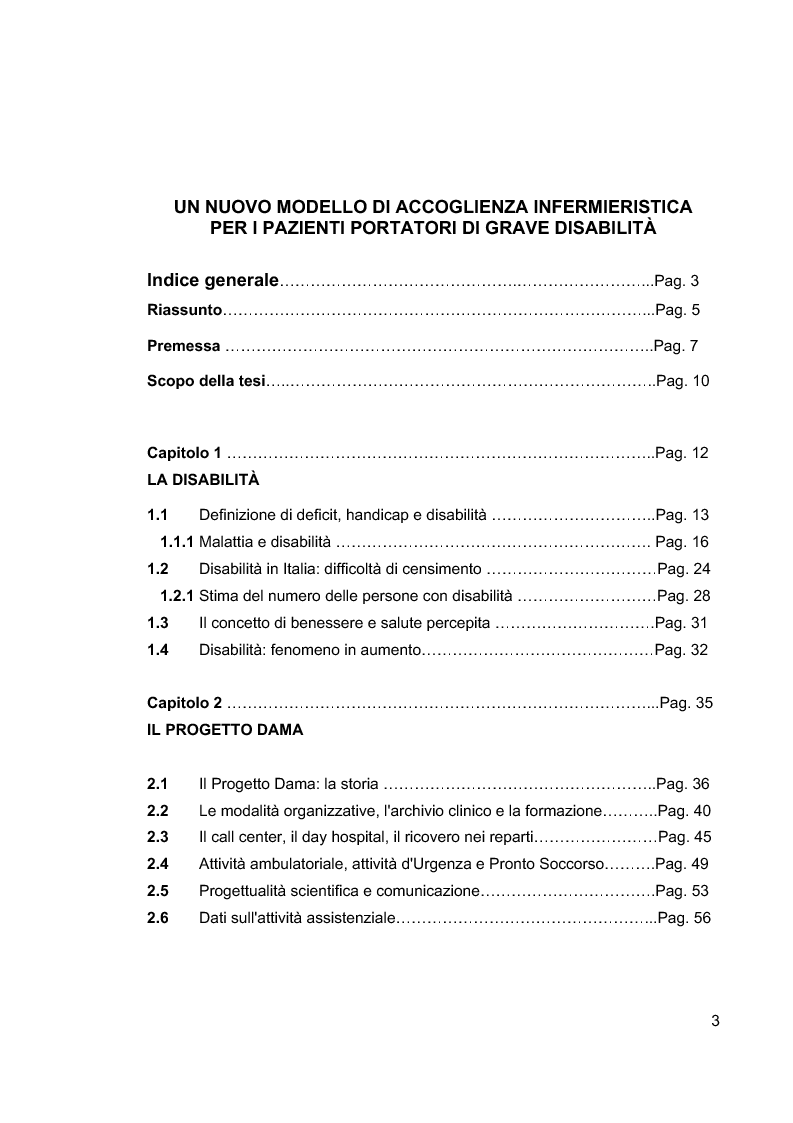 Indice della tesi: Un nuovo modello di accoglienza infermieristica per i pazienti portatori di grave disabilità, Pagina 1