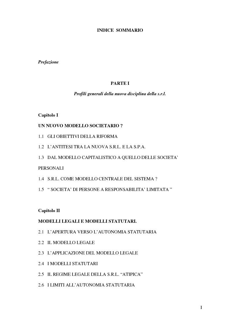 Indice della tesi: Il potere di amministrazione del socio nella nuova S.r.l., Pagina 1