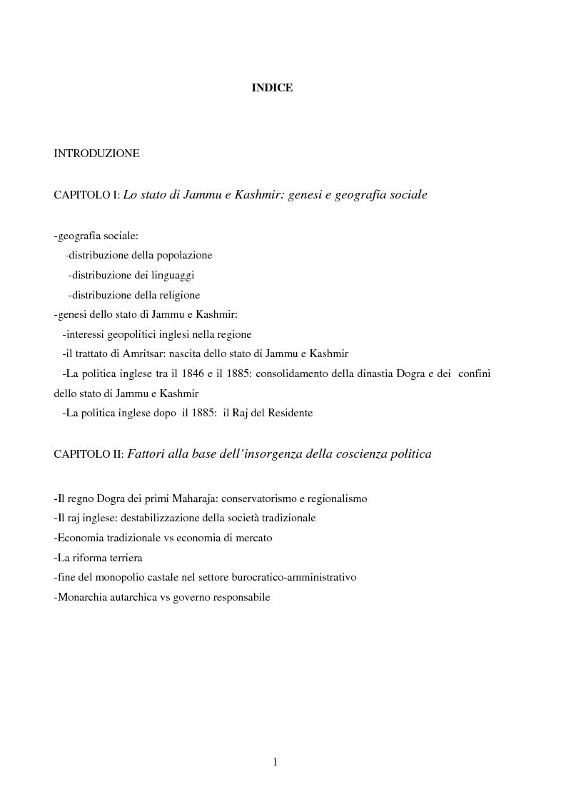 Indice della tesi: Genesi della questione kashmira tra nazionalismo laico,religioso e aspetti di geopolitica, Pagina 1