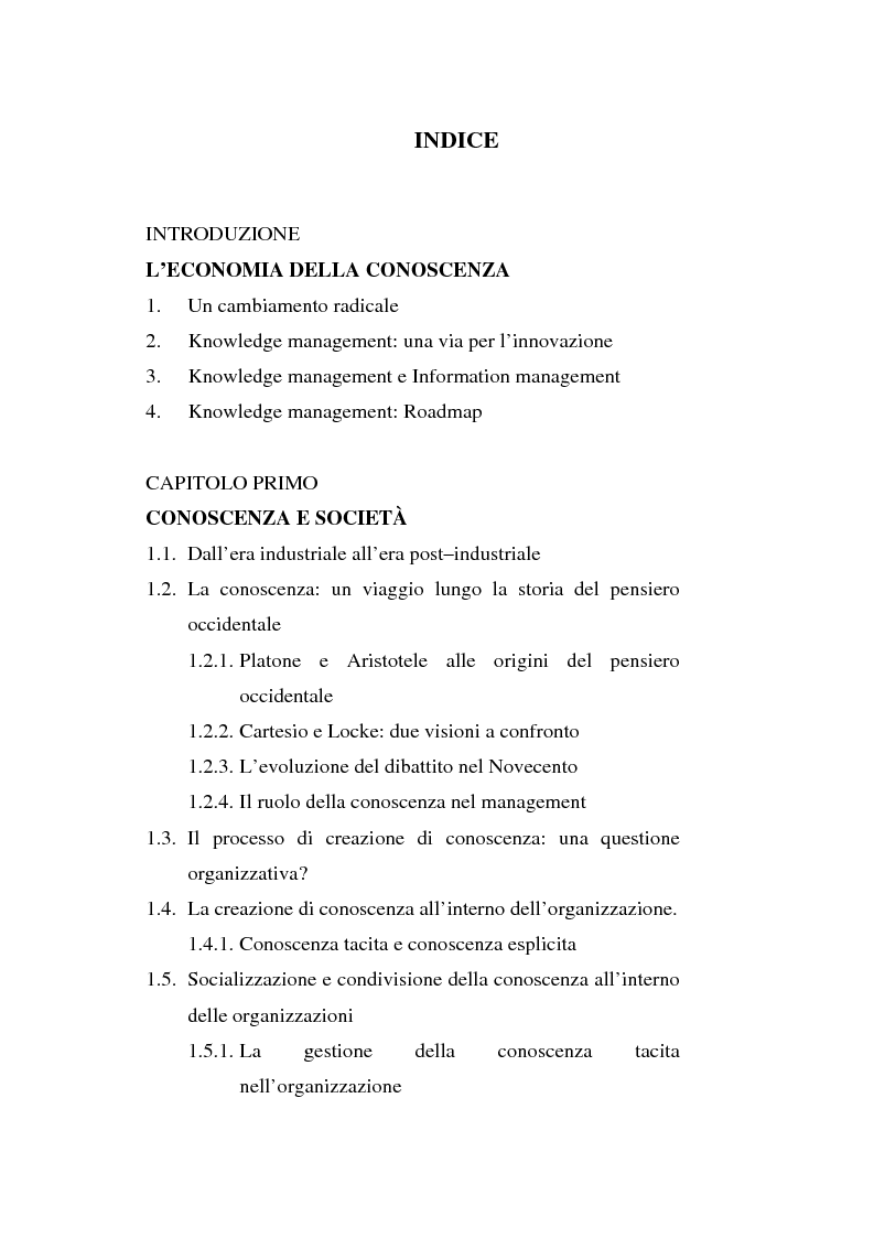 Indice della tesi: Knowledge management ''Dall'economia industriale all'economia della conoscenza'', Pagina 1