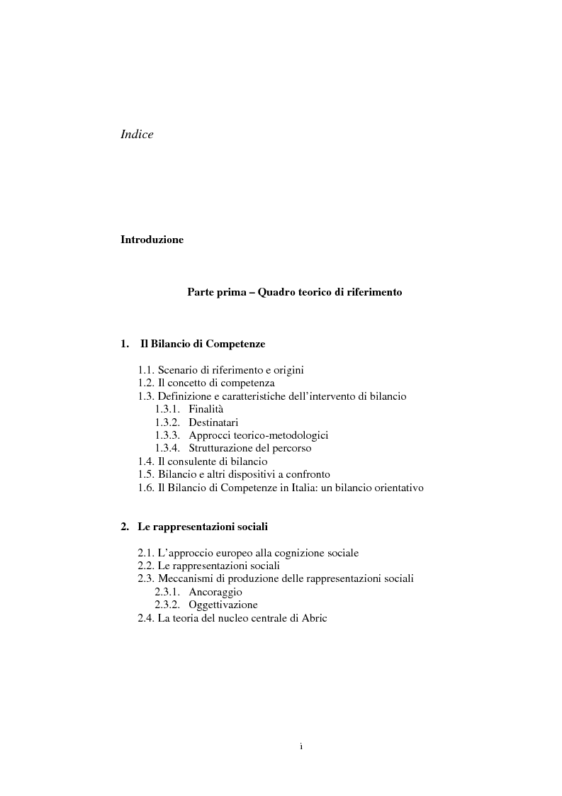 Indice della tesi: Bilancio di competenze: una rappresentazione sociale in evoluzione, Pagina 1