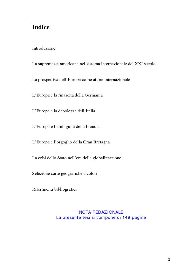 Indice della tesi: I limiti geopolitici dell' Europa nell'era della globalizzazione. Il contributo di Limes al dibattito sull'evoluzione dell' identità internazionale europea dopo il 1989., Pagina 1