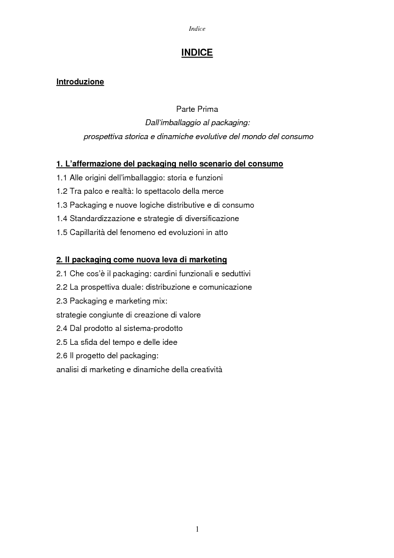Indice della tesi: Il packaging del lusso: design e strategie comunicative. Il caso Baldoria., Pagina 1