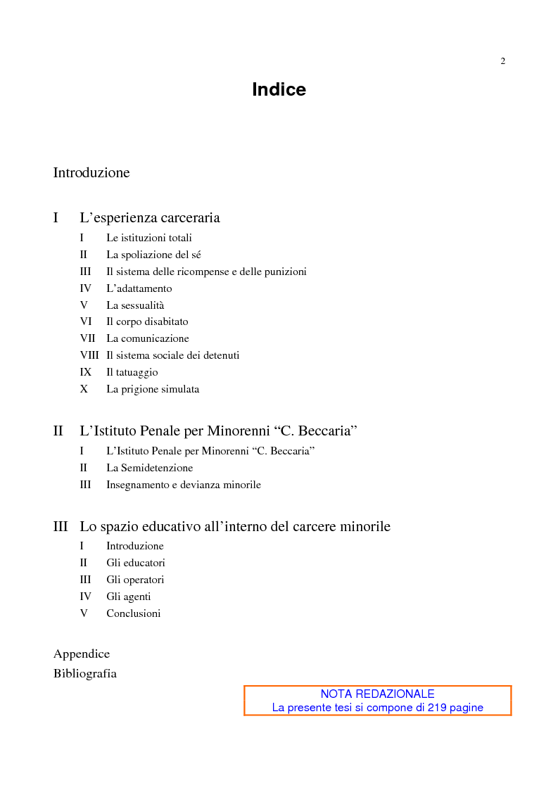 Indice della tesi: Lo spazio educativo all'interno del carcere minorile, Pagina 1