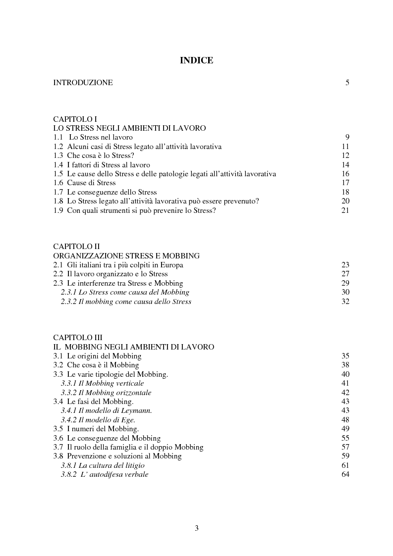 Indice della tesi: Lavoro e malessere psicologico. Stress e Mobbing, Pagina 1