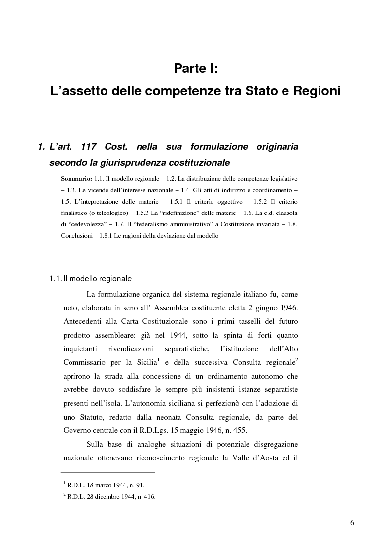 Anteprima della tesi: Il problema della definizione delle materie nell'art 117 della Costituzione alla luce dell'opera interpretativa della Corte costituzionale, Pagina 3