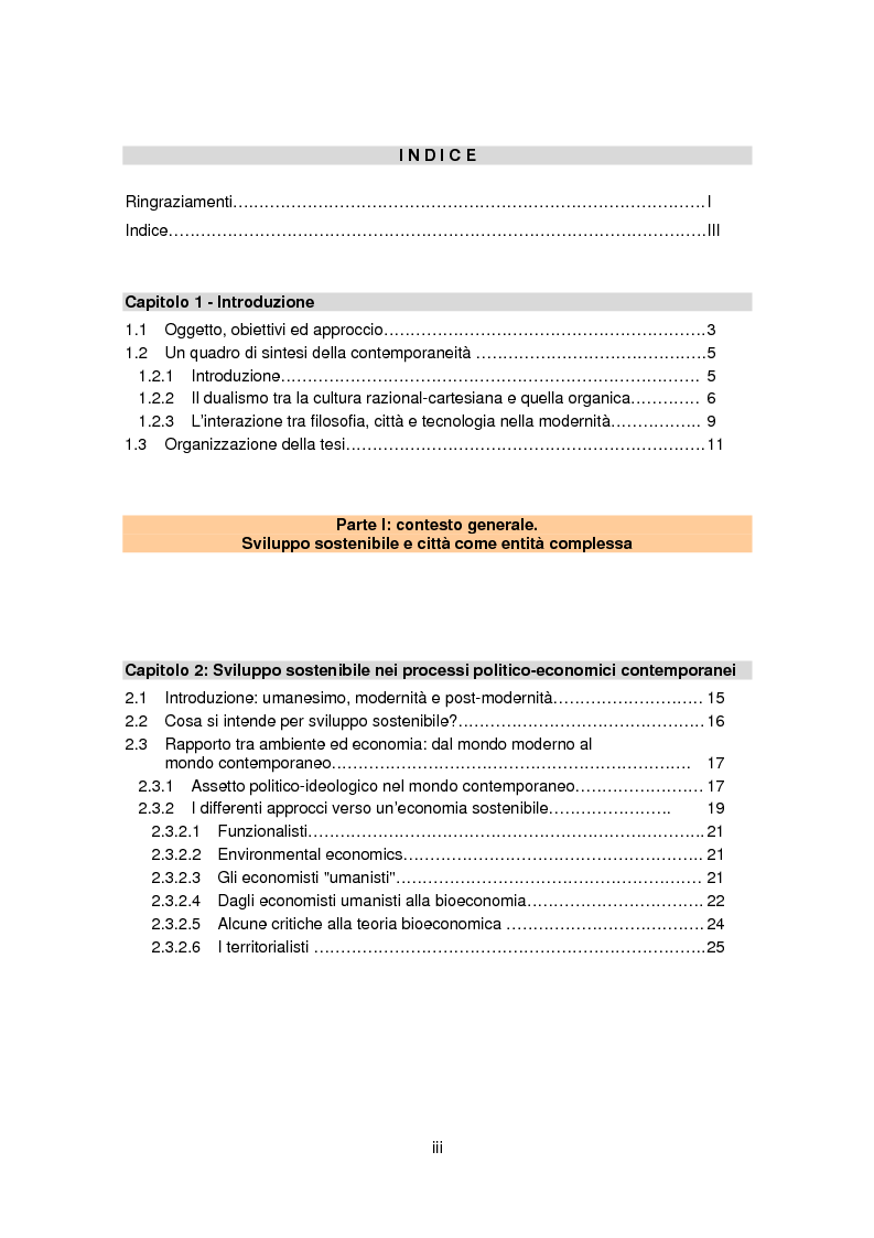 Indice della tesi: Information Communication Technology per un progetto urbano sostenibile, Pagina 1