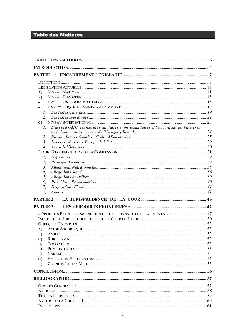 Indice della tesi: Les Allégations dans le Droit Alimentaire Européen, Pagina 1