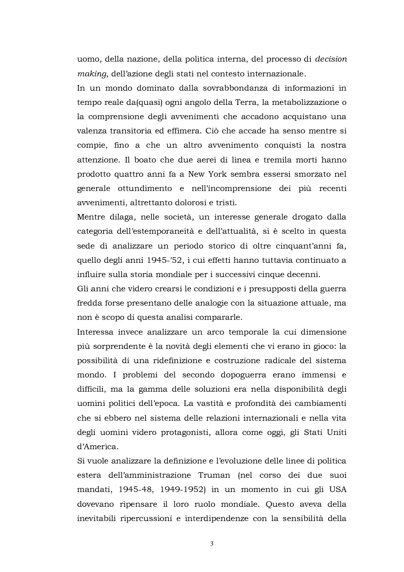 Anteprima della tesi: 1945-1952 – Gli Stati Uniti alla conquista dell’egemonia mondiale: la novità del grand design dell’amministrazione Truman e la percezione della politica estera nella società americana, Pagina 3