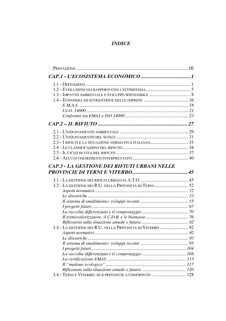 Indice della tesi: Il sistema di gestione dei rifiuti negli ambiti territoriali delle provincie di Terni e Viterbo, Pagina 1