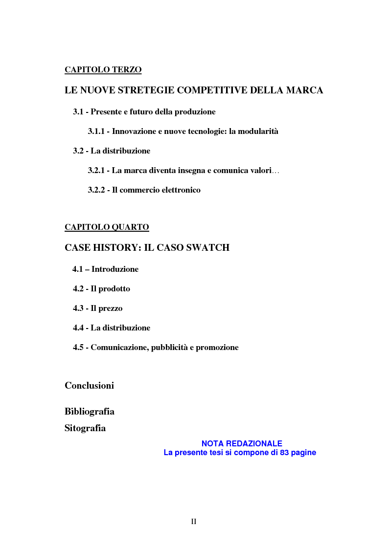 Indice della tesi: Le strategie di marca nel mercato degli orologi. Il caso Swatch, Pagina 2