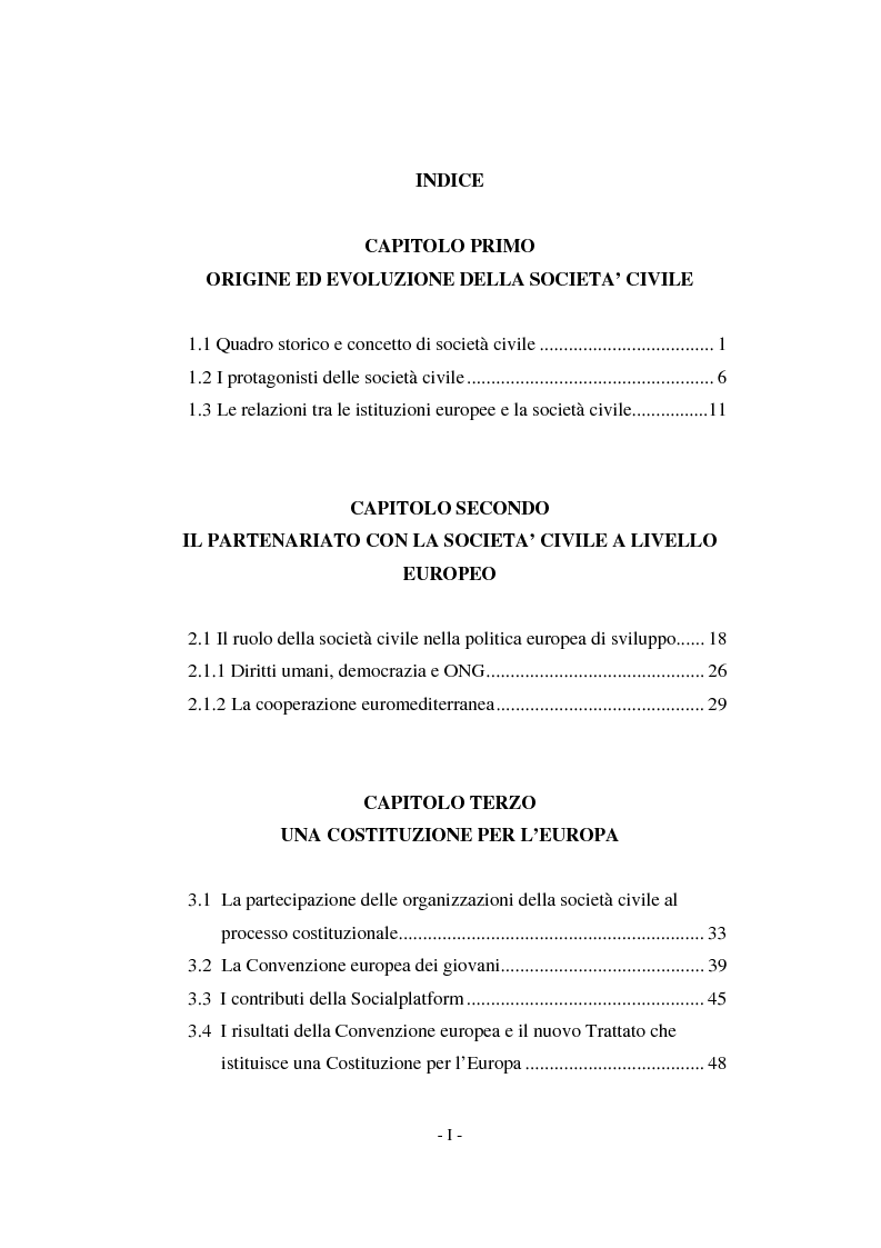 Indice della tesi: Il contributo della società civile e delle Organizzazioni Non Governative allo sviluppo dei programmi comunitari, Pagina 1