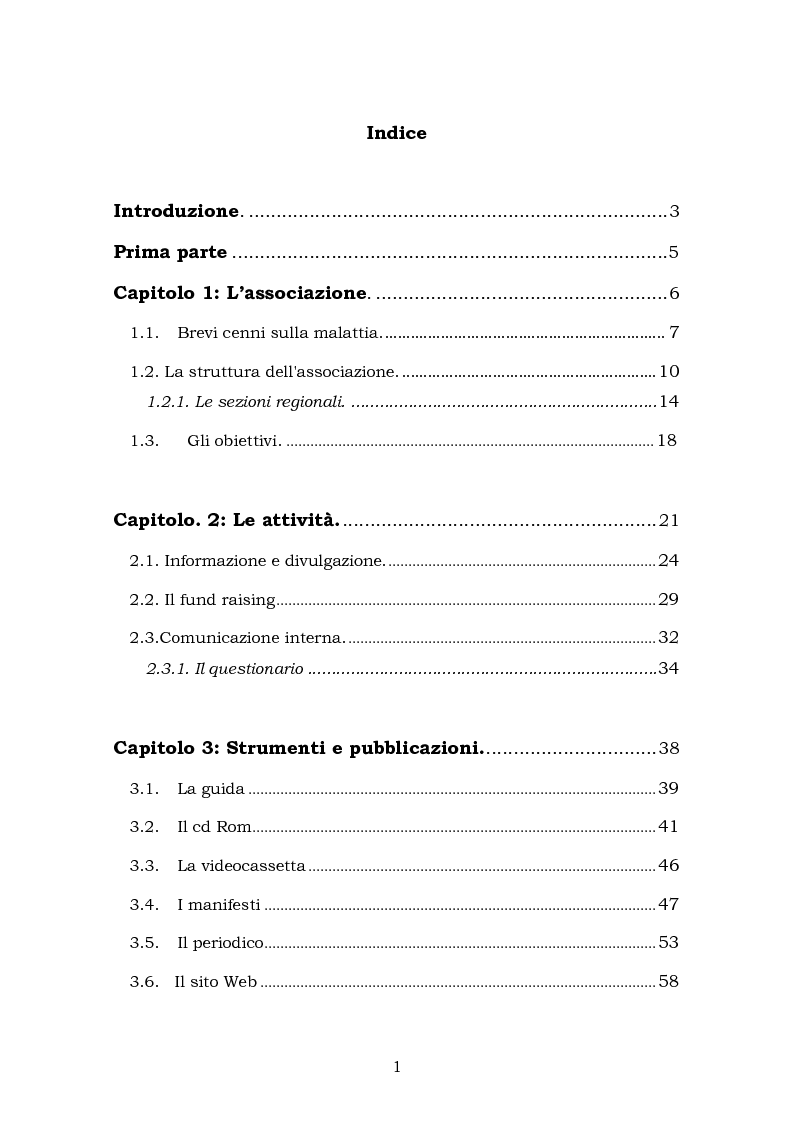 Indice della tesi: Comunicare una malattia rara: strategie di comunicazione e relazione dell'Associazione Italiana Sindrome X-Fragile, Pagina 1