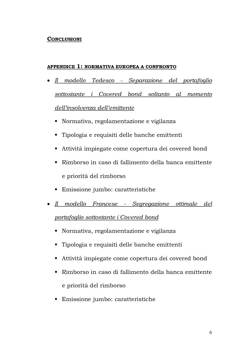 Indice della tesi: I Covered Bond in Europa e l'esperienza italiana, Pagina 4