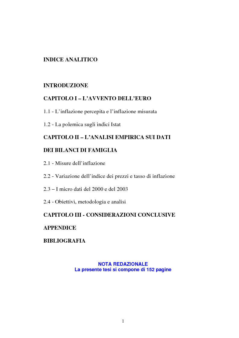Indice della tesi: Gli effetti dell’inflazione sulle famiglie italiane: un’analisi per classi di reddito nel 2001 e nel 2004, Pagina 1