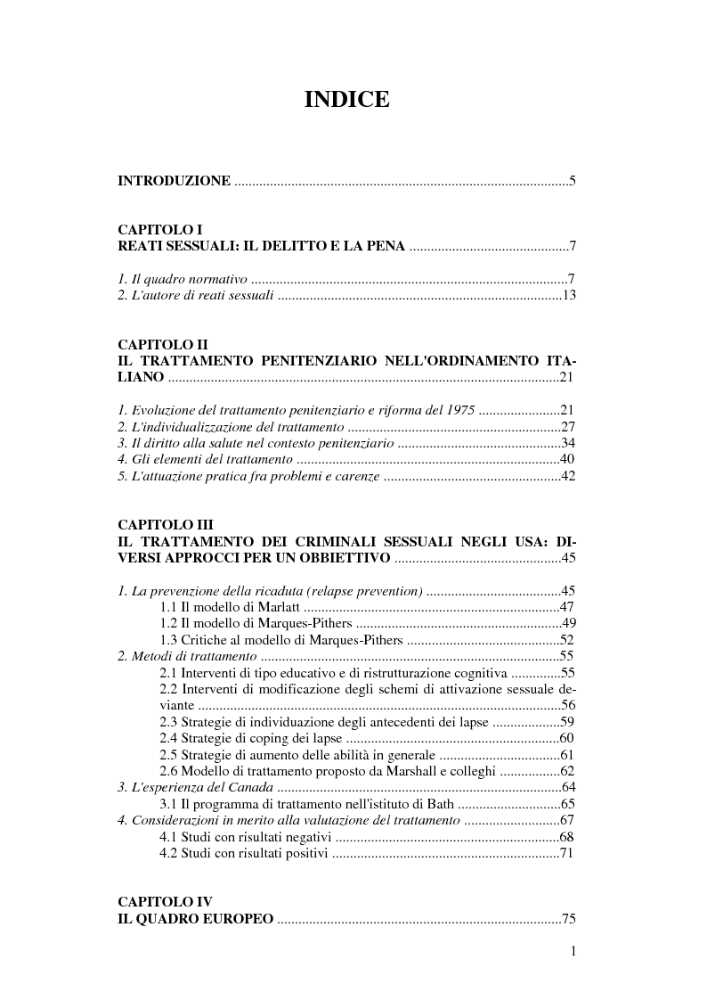 Indice della tesi: Il trattamento penitenziario dei condannati per violenza sessuale, Pagina 1
