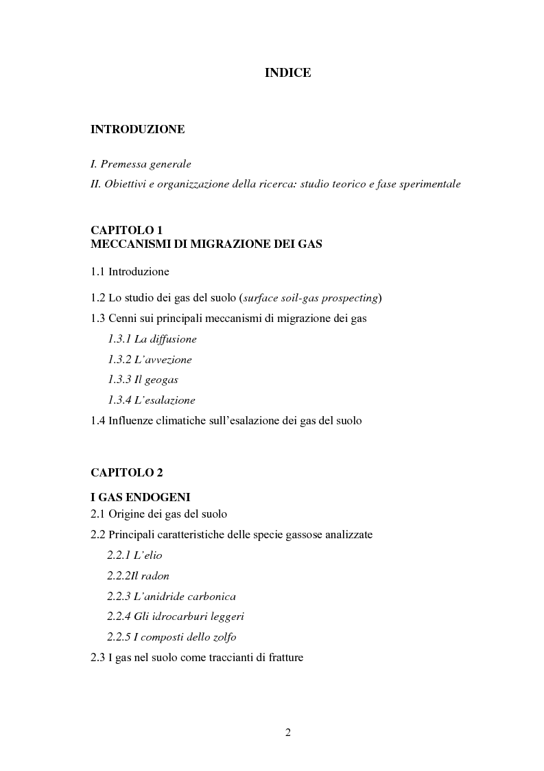 Indice della tesi: La prospezione dei gas del suolo nello studio del “rischio” da emanazioni di gas nocivi nel Lazio nei Comuni di Ciampino, Marino, Ardea e nella Riserva Naturale Tor Caldara, Pagina 1