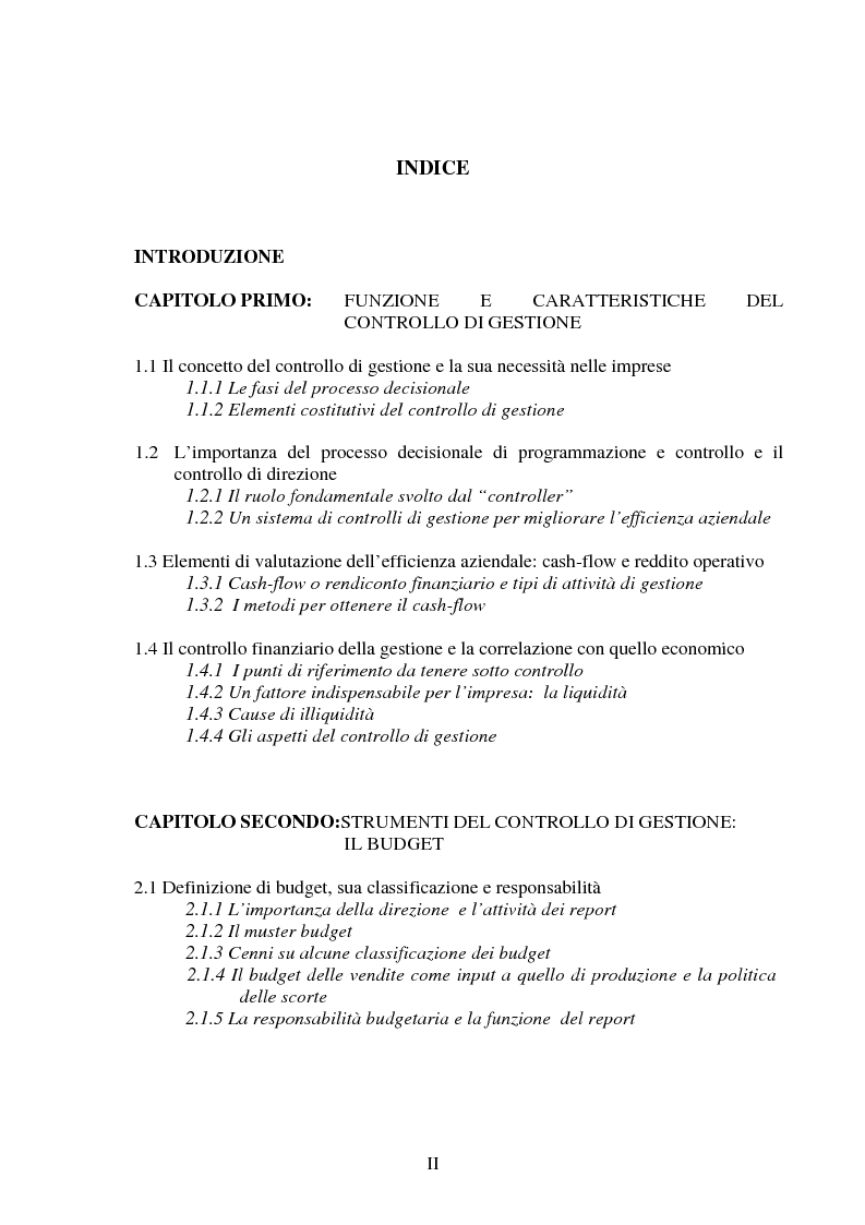 Indice della tesi: Il controllo di gestione delle imprese: aspetti teorici ed applicativi, Pagina 1