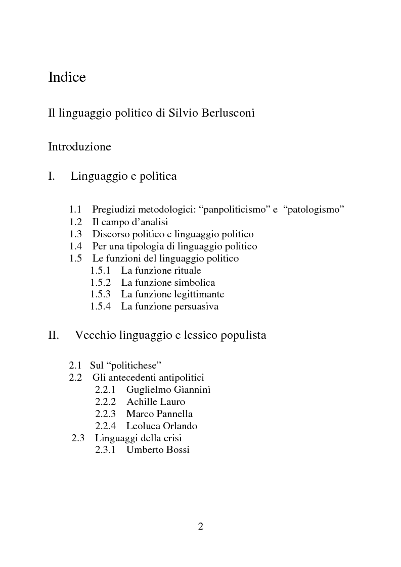 Indice della tesi: Il linguaggio politico di Silvio Berlusconi, Pagina 1