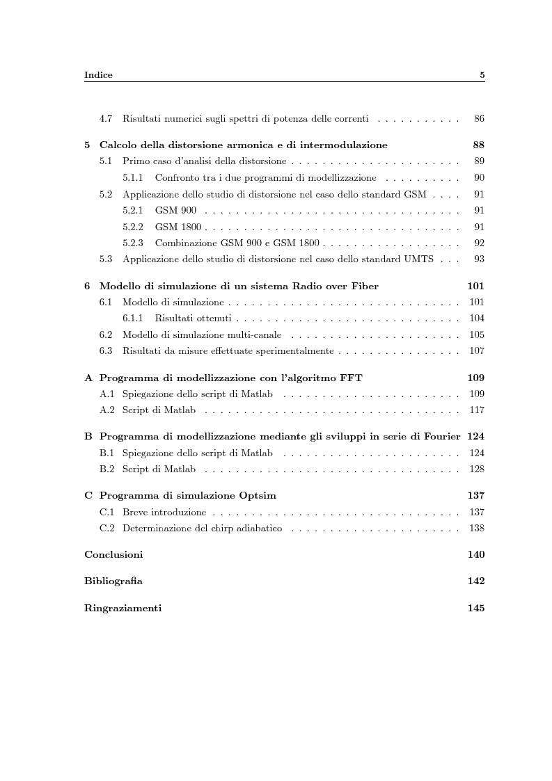 Indice della tesi: Fenomeni di intermodulazione in sistemi Radio over Fiber, Pagina 3