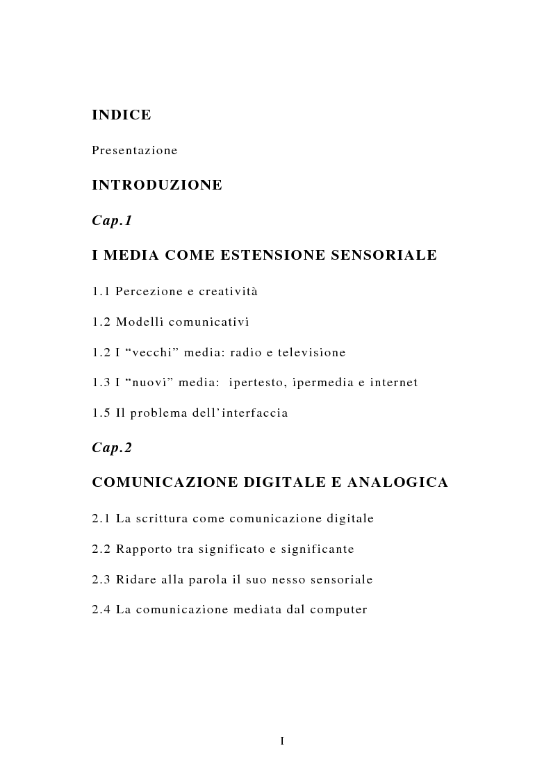 Indice della tesi: L' ipertesto creativo per liberare la parola. Un percorso formativo, Pagina 1