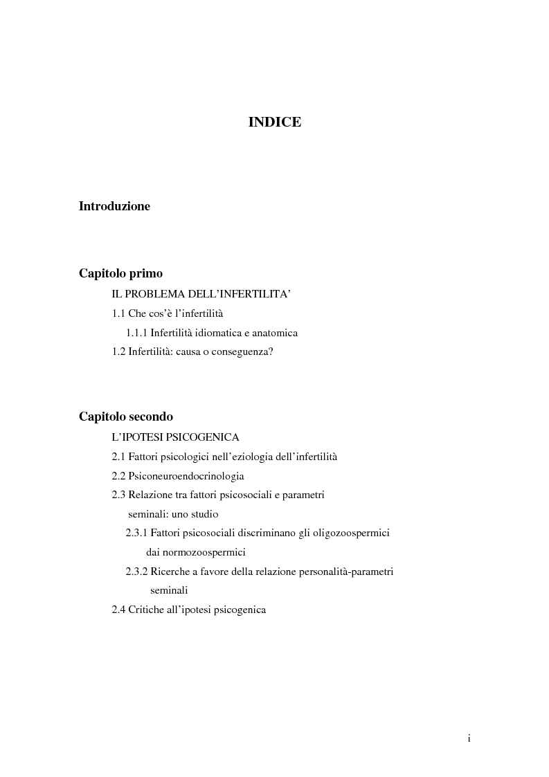 Indice della tesi: Aspetti psicologici dell'infertilità: alcune modalità d'intervento, Pagina 1