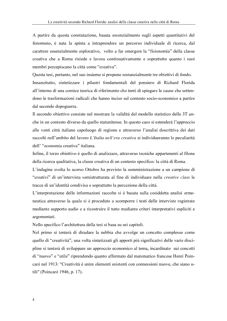 Anteprima della tesi: La creatività secondo Richard Florida: analisi della classe creativa nella città di Roma, Pagina 4