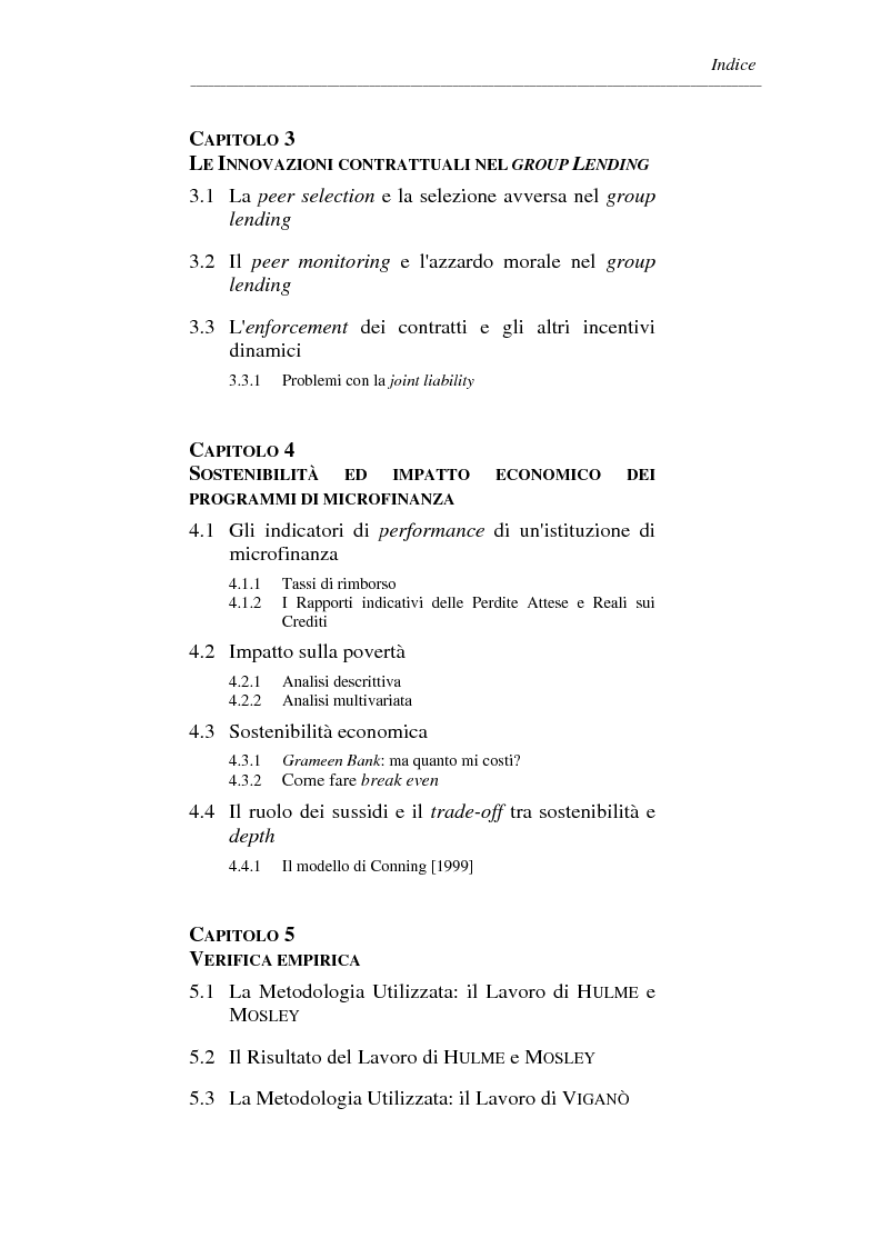 Indice della tesi: La microfinanza e la sostenibilità economica del group lending, Pagina 2