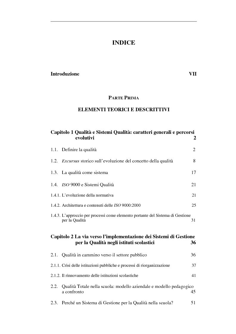 Indice della tesi: Scuola e Sistema Qualità. Un caso di studio, Pagina 1