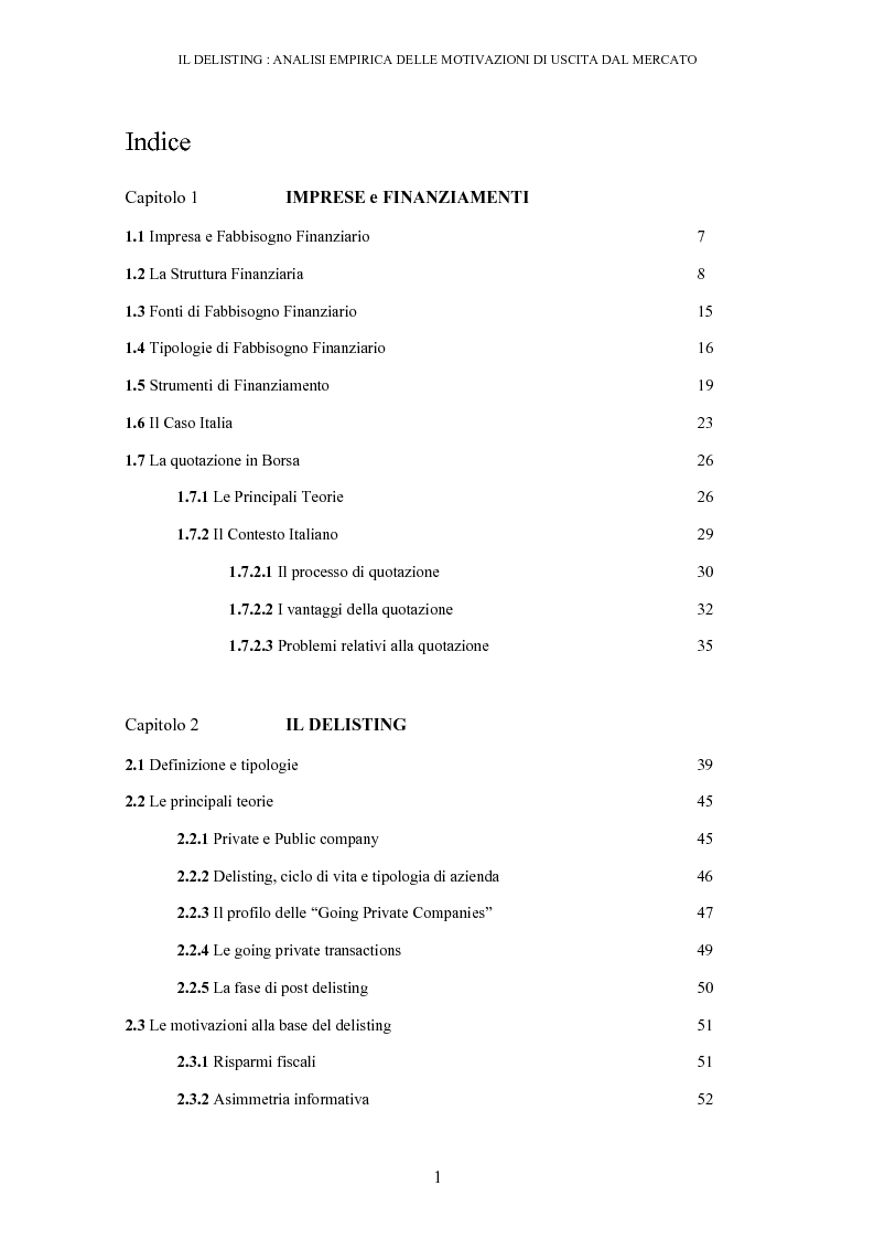 Indice della tesi: Il Delisting: analisi empirica delle motivazioni di uscita dal mercato, Pagina 1