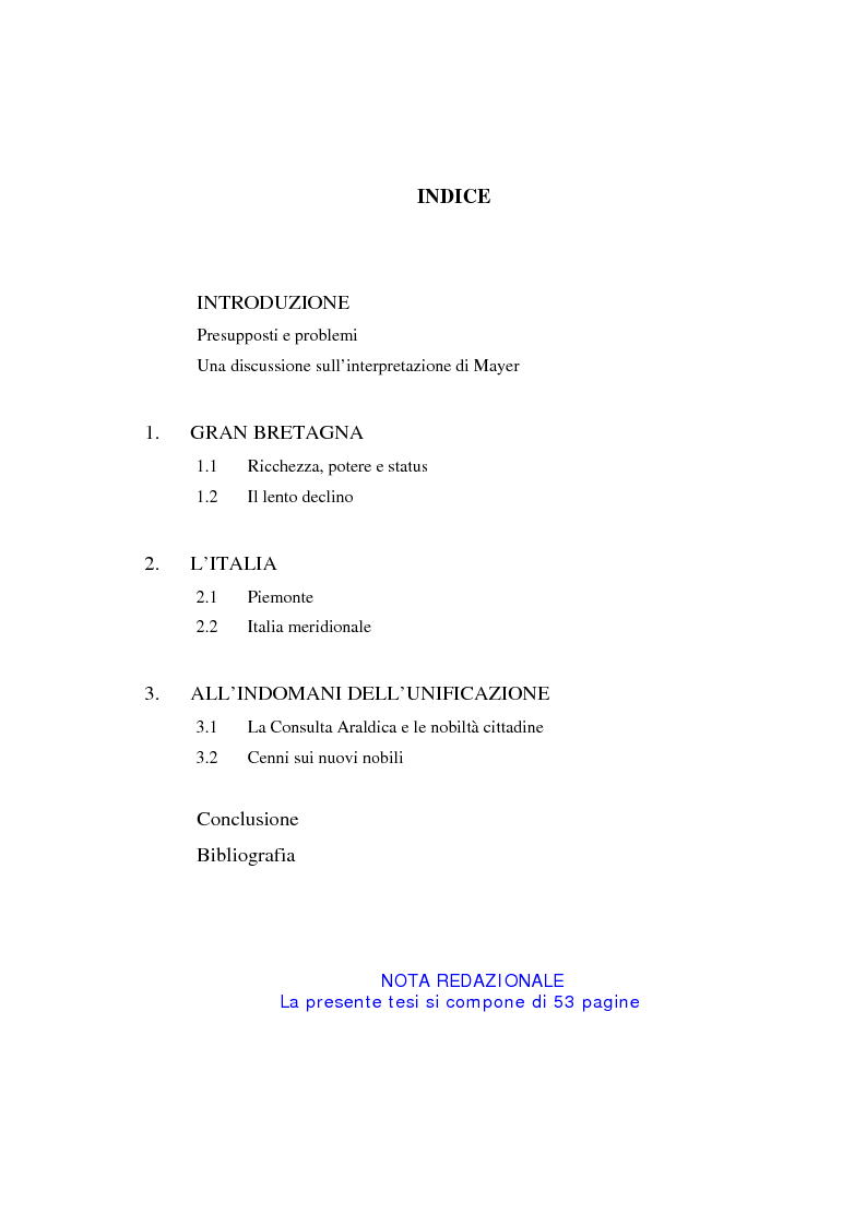 Indice della tesi: L'aristocrazia europea nell'età contemporanea, Pagina 1
