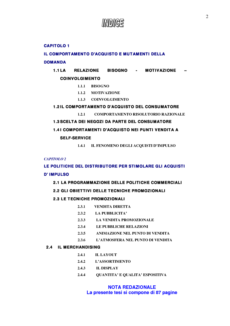 Indice della tesi: Gli acquisti d'impulso nei punti di vendita della G.D.O, Pagina 1
