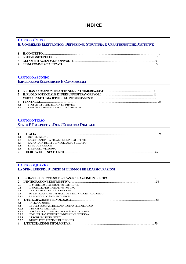 Indice della tesi: Il business online per le imprese di assicurazione, Pagina 1