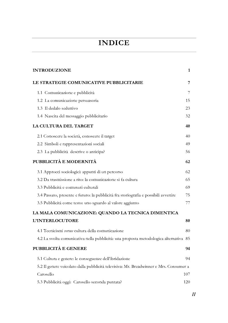 Indice della tesi: Il dedalo seduttivo. Comunicazione pubblicitaria e ibridazione di genere, Pagina 1