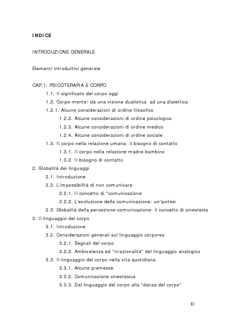 Indice della tesi: Il corpo in psicoterapia. La ''danza terapia'': problemi e prospettive, Pagina 1