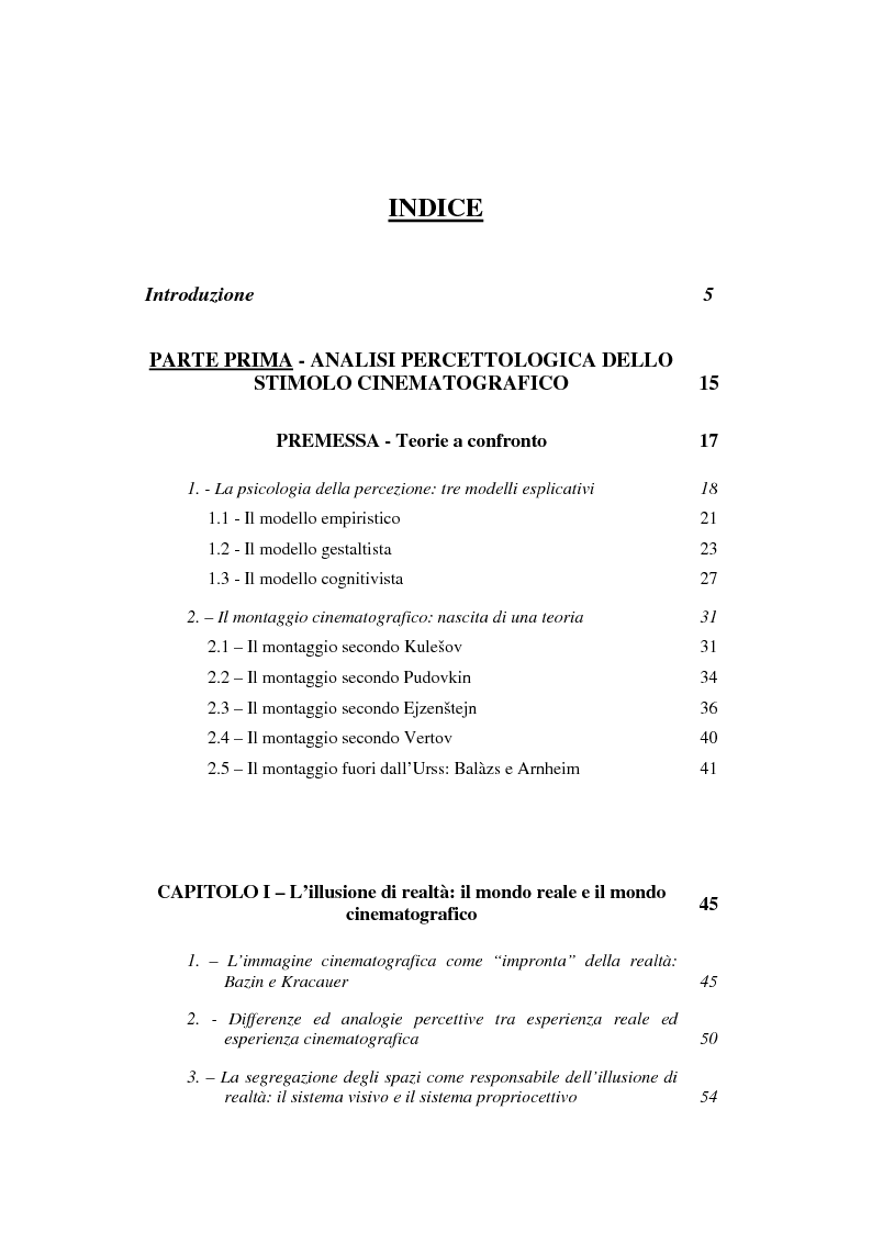 Indice della tesi: L'illusione di realtà: analisi dei processi percettivi nel montaggio cinematografico, Pagina 1