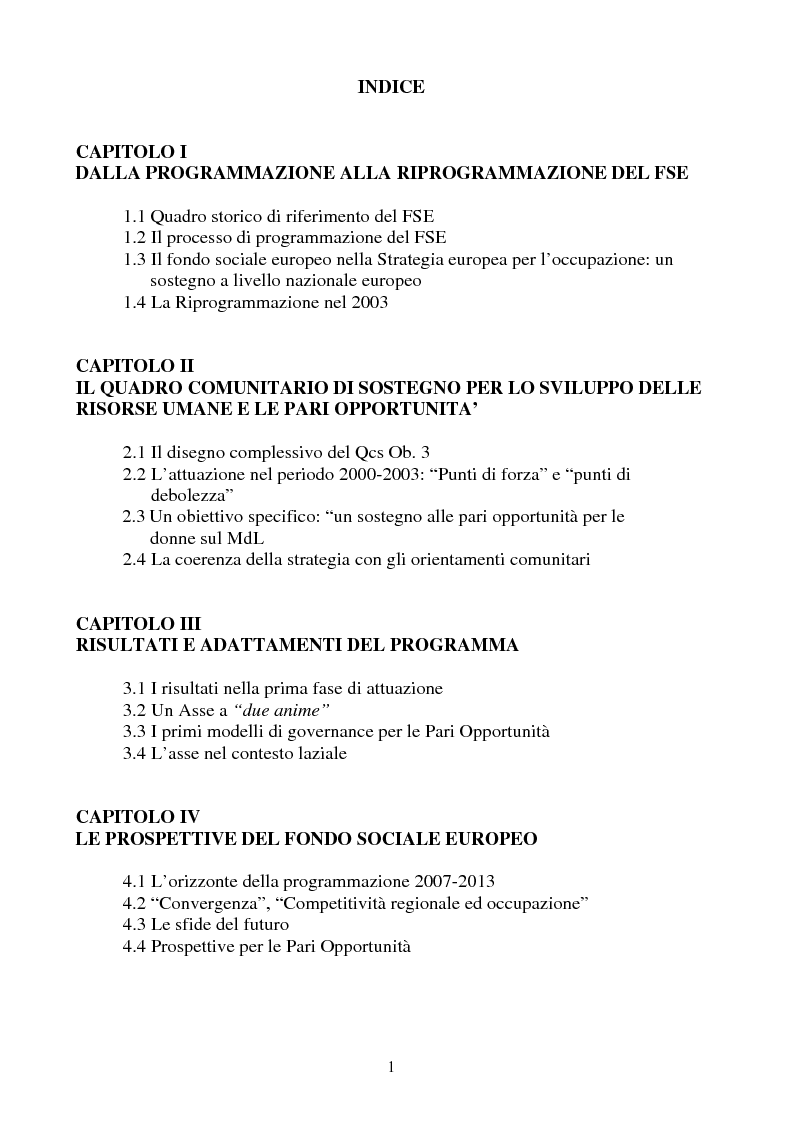 Indice della tesi: Il ciclo programmatorio del fondo sociale europeo e l'asse delle pari opportunità, Pagina 1