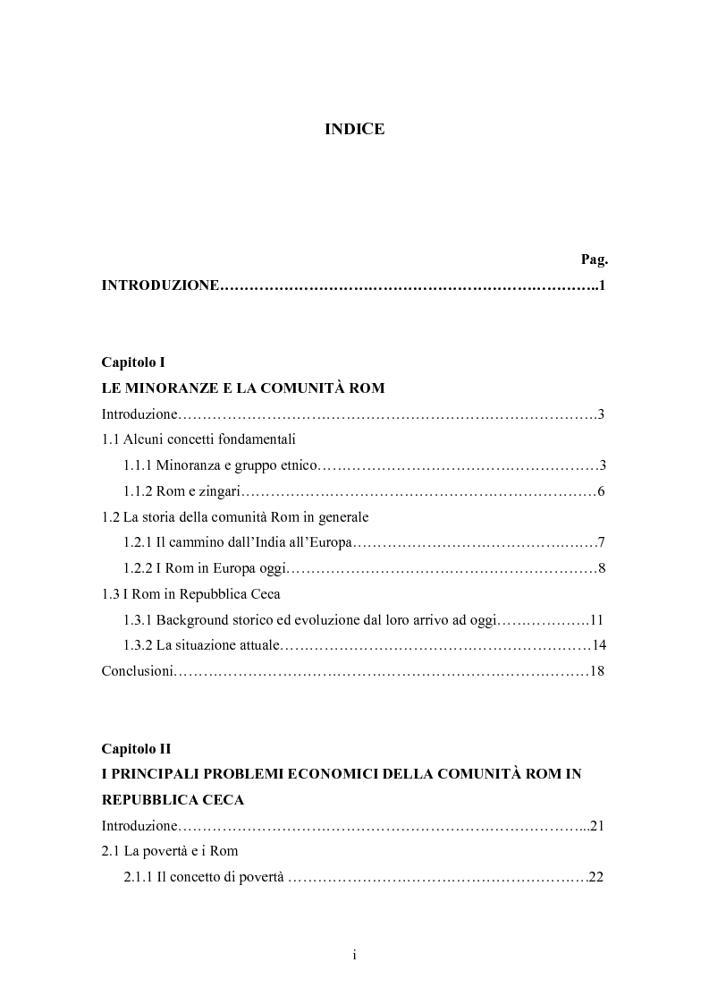 Indice della tesi: La condizione economica dei Rom in Repubblica Ceca: determinanti e possibili soluzioni, Pagina 1
