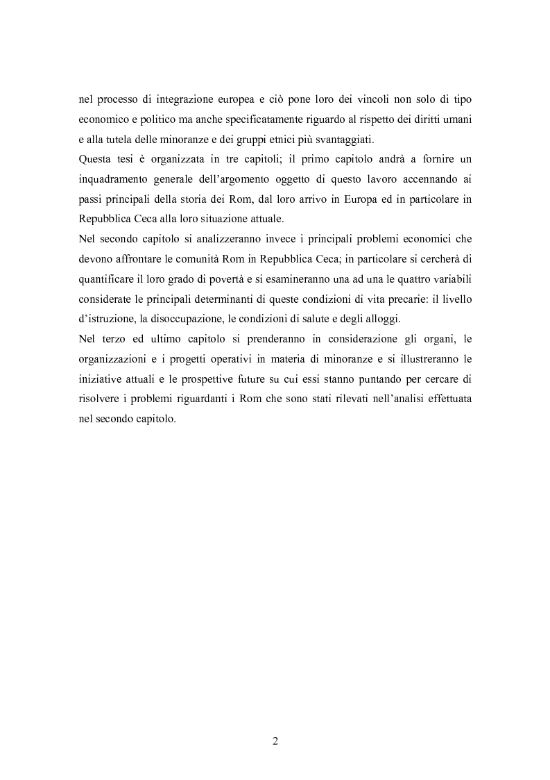 Anteprima della tesi: La condizione economica dei Rom in Repubblica Ceca: determinanti e possibili soluzioni, Pagina 2