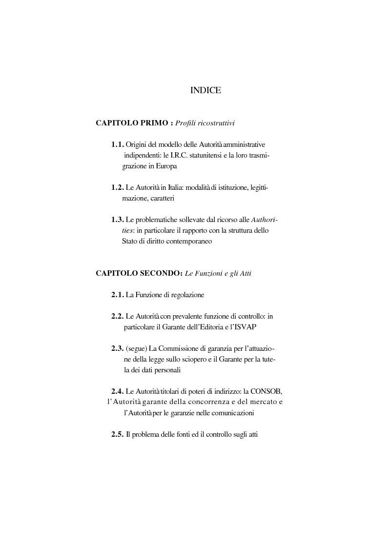 Indice della tesi: Autorità amministrative indipendenti: inquadramento, limiti, prospettive, Pagina 1