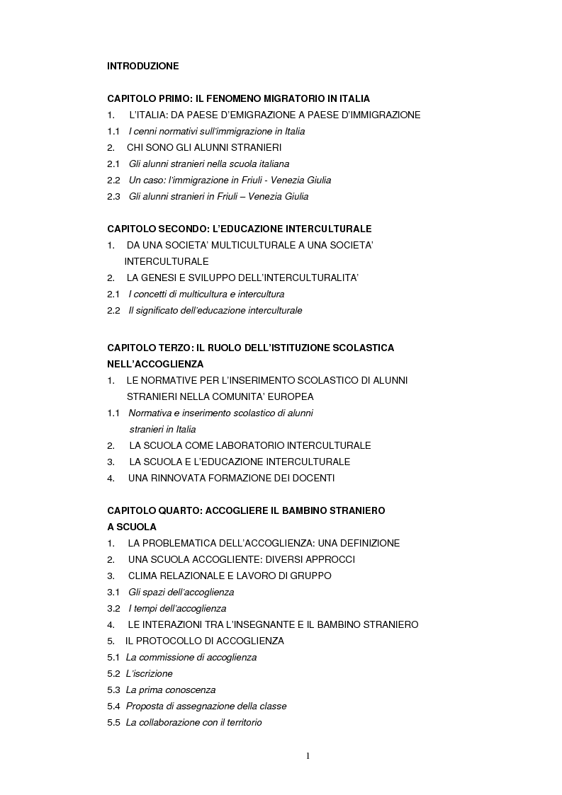Indice della tesi: Scuola e famiglia. Immigrazione e accoglienza, Pagina 1