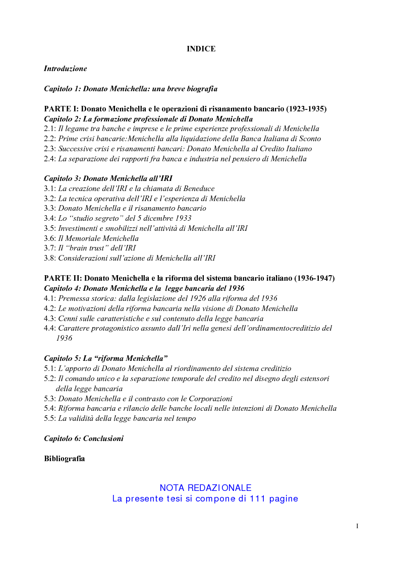 Indice della tesi: Risanamento e riforma bancaria nell'opera di Donato Menichella, Pagina 1