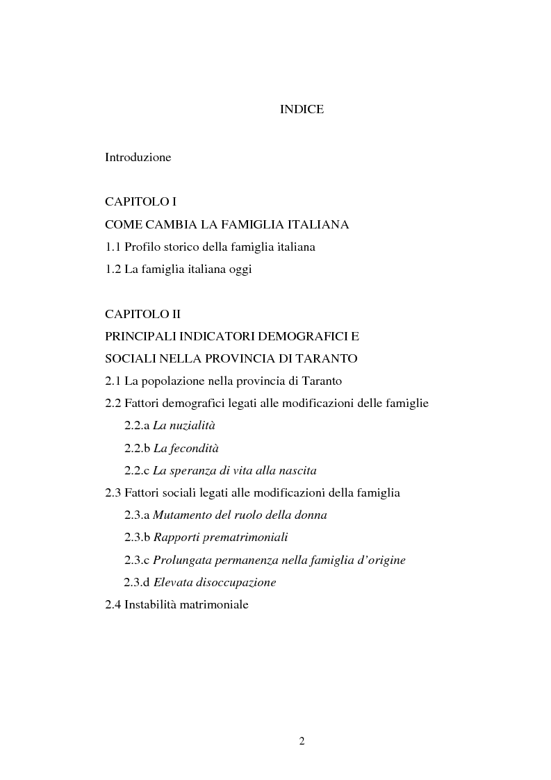 Indice della tesi: L'evoluzione della famiglia tarantina, Pagina 1