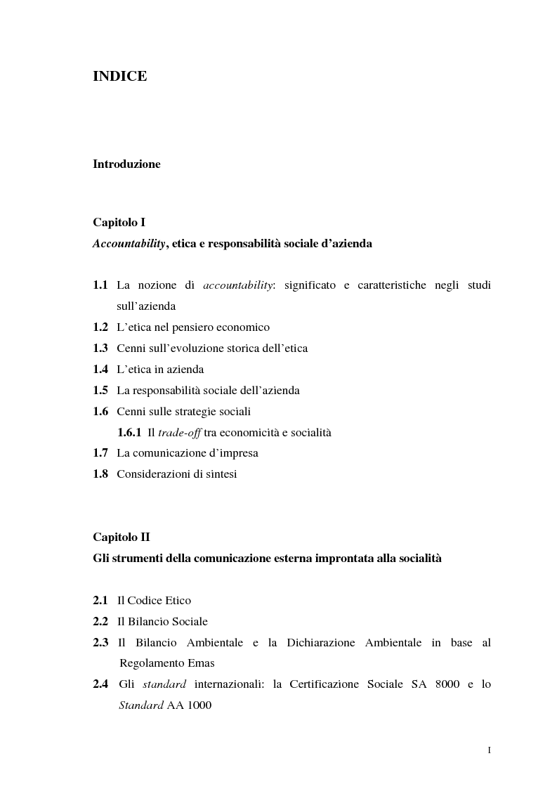 Indice della tesi: La responsabilità sociale nel processo di comunicazione esterna: il caso Coop, Pagina 1